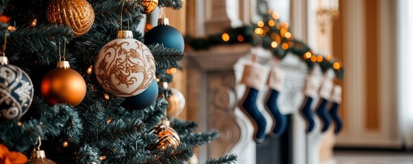 Beautifully decorated Christmas tree with colorful ornaments and stockings, creating a festive holiday atmosphere.