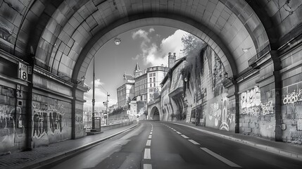 Wall Mural - A monochrome view of a deserted urban tunnel with graffiti and an empty road leading to a distant skyline.