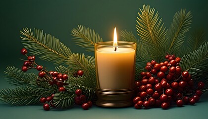 Close up of a candle in a spruce tree with berries and green background