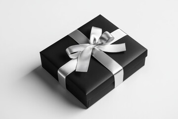 Wall Mural - Elegant Black Gift Box with Shiny Silver Ribbon on White Background - Perfect for Celebrations