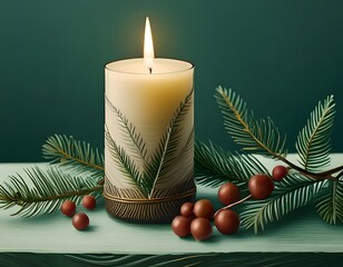 Close up of a candle in a spruce tree with berries and green background