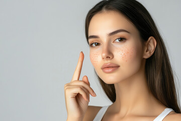 Wall Mural - A young, beautiful woman touches her face with one finger, showcasing skin care products against a white background.