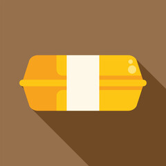 Poster - Simple flat vector illustration of a yellow food container box with a white label on a brown background with a long shadow