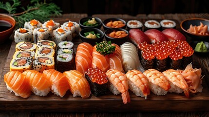 Poster - A sushi platter with a variety of sushi rolls and shrimp