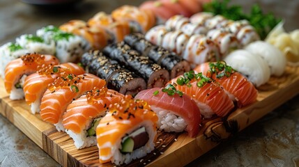 Wall Mural - A wooden tray with many different types of sushi