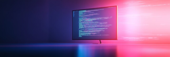 Aufkleber - Monitor projecting blue and pink code in a futuristic setting, representing digital innovation and modern software development