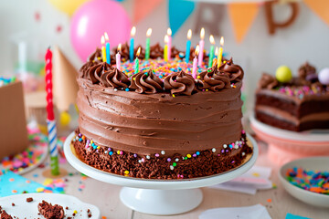 chocolate birthday cake with burning candles on a white plate