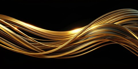 Wall Mural - Golden Abstract Waves - 3D Rendered, Black Background, Geometric Lines, Abstract, 3D, Gold, Background