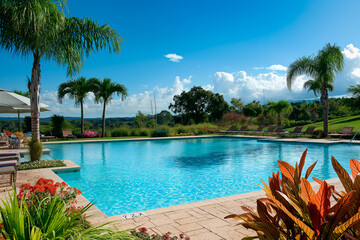 swimming pool outside with blue water and palm trees near