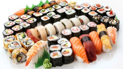 Poster - A plate of assorted sushi rolls, including some with avocado and shrimp