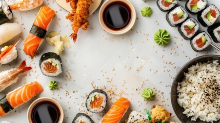 Poster - A variety of sushi and rice dishes are laid out on a table