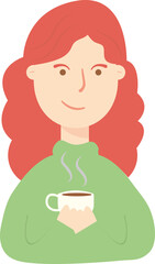 Illustration of a person with red hair holding a steaming mug, in a green sweater.
