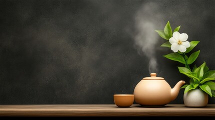 A steaming brown teapot with a matching cup beside a flower vase on a wooden table against a dark background.