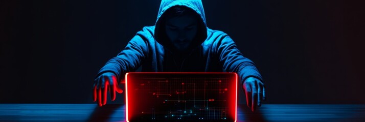 Poster - Hacker in a dark room with neon light coding on glowing screen. Concept of cybersecurity and digital hacking.