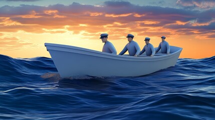 Wall Mural - A serene sunset scene with four sailors rowing a boat across calm waters, capturing the essence of adventure and teamwork.