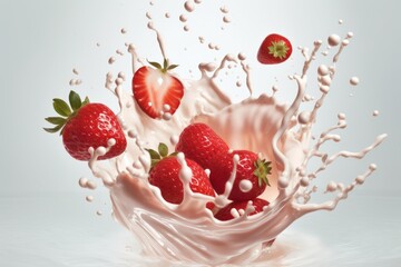 Fresh strawberries swirling in tasty yogurt splashes, captured in a high-speed photograph. The dynamic scene showcases the vibrant red strawberries against a creamy yogurt background