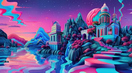 Wall Mural - A colorful painting of a fantasy world with a castle and a river