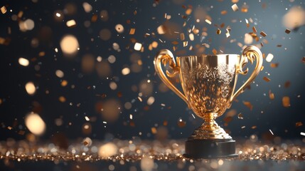 Golden champion trophy adorned with flames, surrounded by falling confetti, set against a dark minimalist background, celebrating victory and achievement.