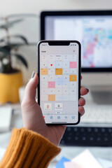 Wall Mural - a hand holding a smartphone with a time management app open on blurred office background.