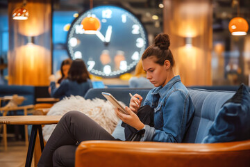 Wall Mural - a young professional using a tablet with a project management app, seated in a co-working space with