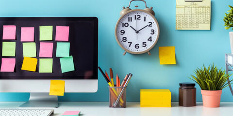 Wall Mural - an organized workspace with a desktop computer, a planner, sticky notes, and a clock, illustrating a