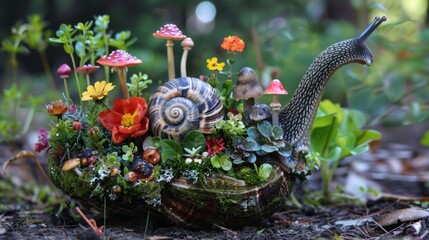 Enchanting Snail with Vibrant Miniature Garden