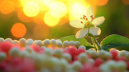 Wall Mural - Single White Flower in Golden Sunset with Bokeh Background