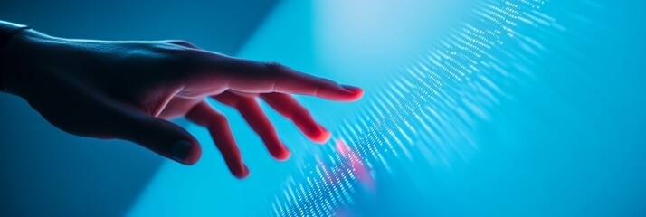 Fototapete - Hand reaching out to touch a glowing digital interface on a blue background. Represents data and connectivity.