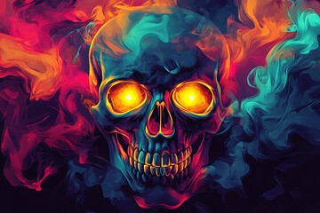 A vibrant digital artwork showcasing a skull with glowing eyes surrounded by colorful smoke in a dark background