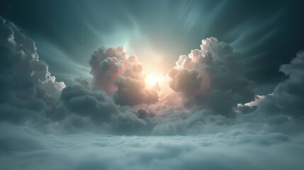 Wall Mural - The sky is filled with clouds and the sun is shining through them