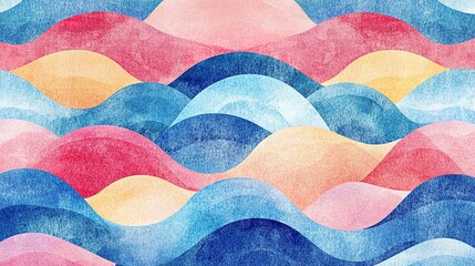 Poster - Abstract Watercolor Pattern of Wavy Lines in Blue, Pink, and Yellow