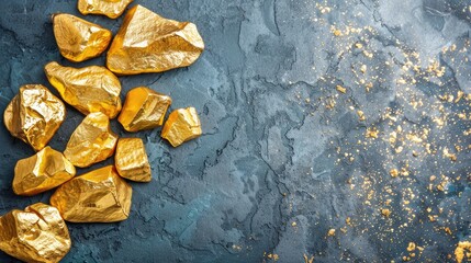 A pile of gold rocks on a blue background