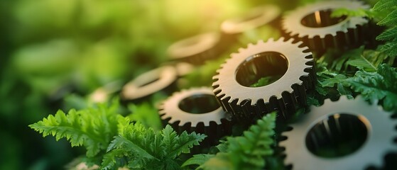 Aufkleber - gears and cogs in a green natural background representing the concept of continuous improvement in r