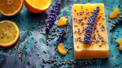 Wall Mural - Handmade lavender and citrus soap adorned with fresh lavender on a vibrant table