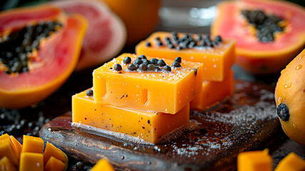 Wall Mural - Crafting vibrant handmade soap with fresh papaya and aromatic seeds in a sunlit kitchen