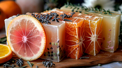 Wall Mural - Handmade artisan soap bars with citrus and lavender on a rustic wooden platter