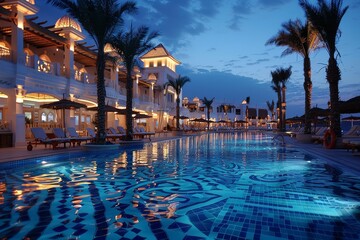 Wall Mural - Elegant nighttime pool area in Sharm el-Sheikh resort with palm trees, Arabian-style architecture, and beachfront access.