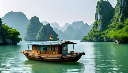 traditional Vietnamese wooden boat under a colorful canopy drifting on serene Ha Long Bay waters, framed by dramatic limestone karsts and lush greenery