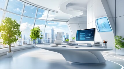 Canvas Print - Futuristic Office with City View.