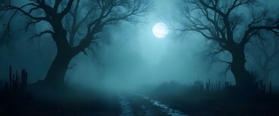 foggy moonlit morning in dark woods