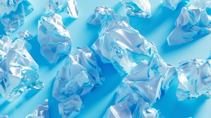Aufkleber - A striking abstract image featuring blue metallic shapes scattered across a vibrant background. The shiny, reflective surfaces of the crumpled forms create an intriguing visual, perfect for modern