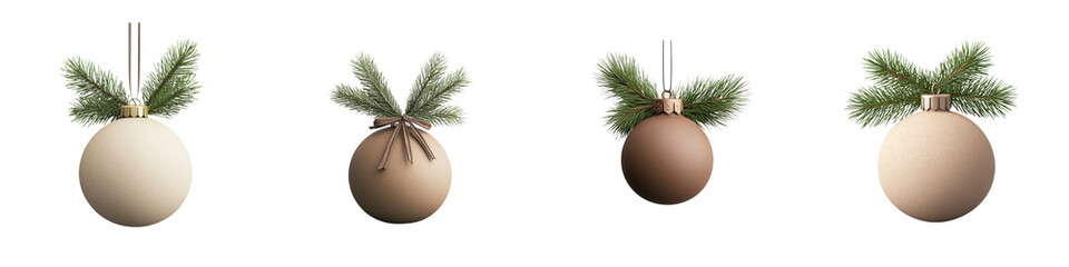 four neutral-toned christmas baubles adorned with pine sprigs, isolated on transparent background, i