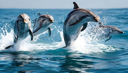 playful acrobatics of dolphins leaping from the vibrant blue ocean under a bright sky, creating joyful splashes and a lively marine spectacle