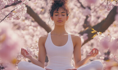 Wall Mural - A beautiful woman meditating in the lotus position, surrounded by cherry blossoms, wearing a white yoga outfit