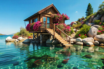 Wall Mural - Dreamy Summer House Amidst Clear Blue Waters for Tropical Getaways