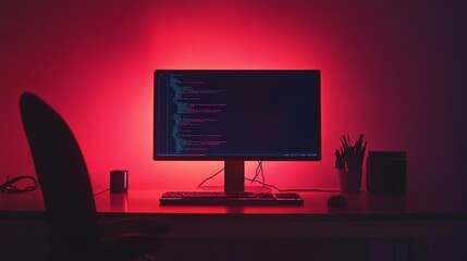 Aufkleber - A red glowing monitor displaying code on a programmer's desk, perfect for content about software development and IT innovation