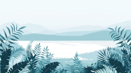 Wall Mural - A blue and white landscape with mountains in the background