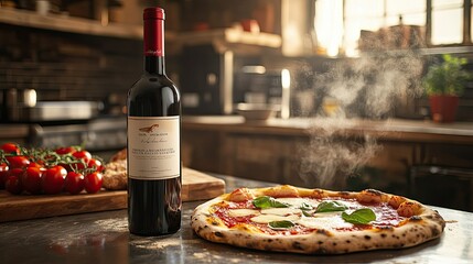 A bottle of red wine with an elegant label beside a freshly baked Margherita pizza, steam rising, background of an Italian kitchen