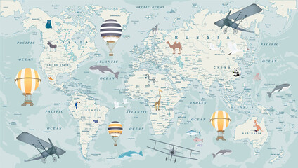 childrens world map with animals, balloons and airplanes for digital printing wallpaper, custom design wallpaper