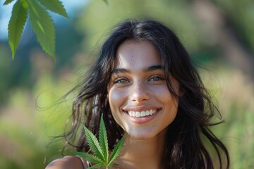 A woman with long black hair is smiling and holding a marijuana plant